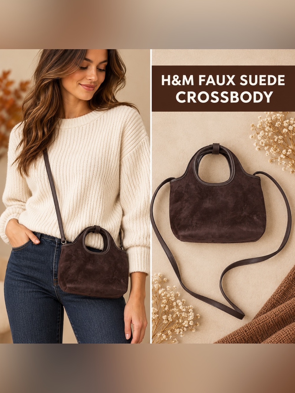 H&M Brown Faux Suede Mini Tote Crossbody Purse